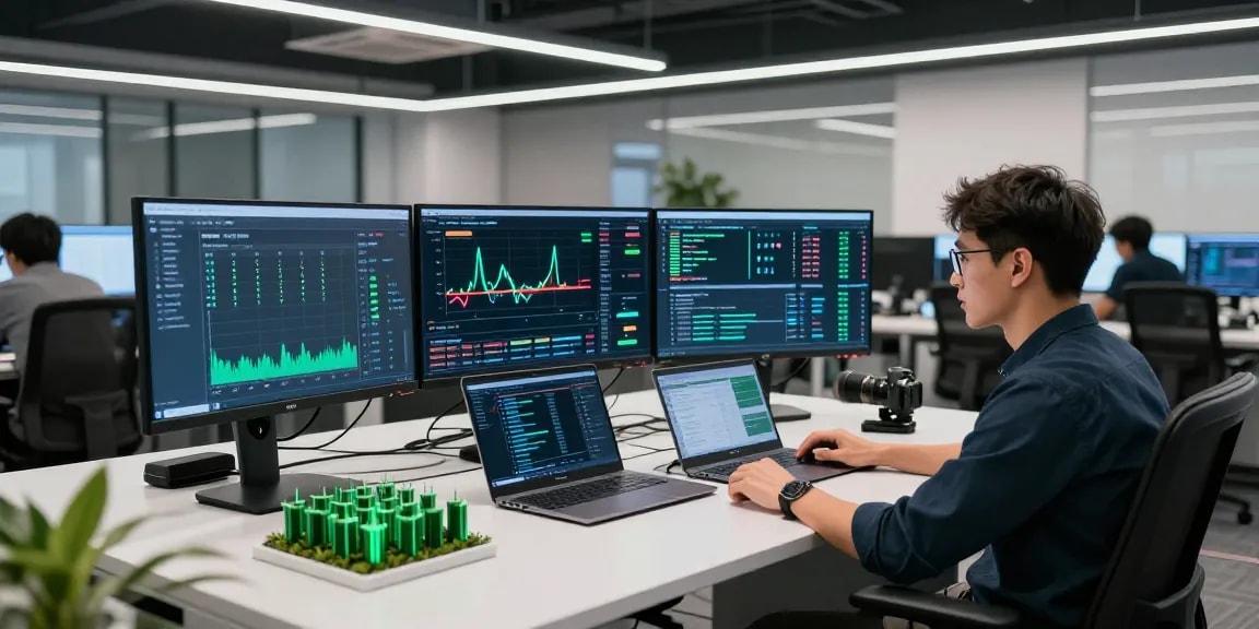 Innovative bitcoin mining company workspace with advanced technology, real-time data monitoring, and sustainable energy practices.