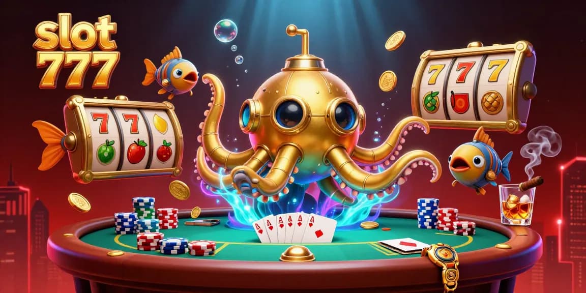 Mainkan slot 777 dengan tema kapal selam kraken yang dikelilingi koin emas dan elemen kasino menarik.