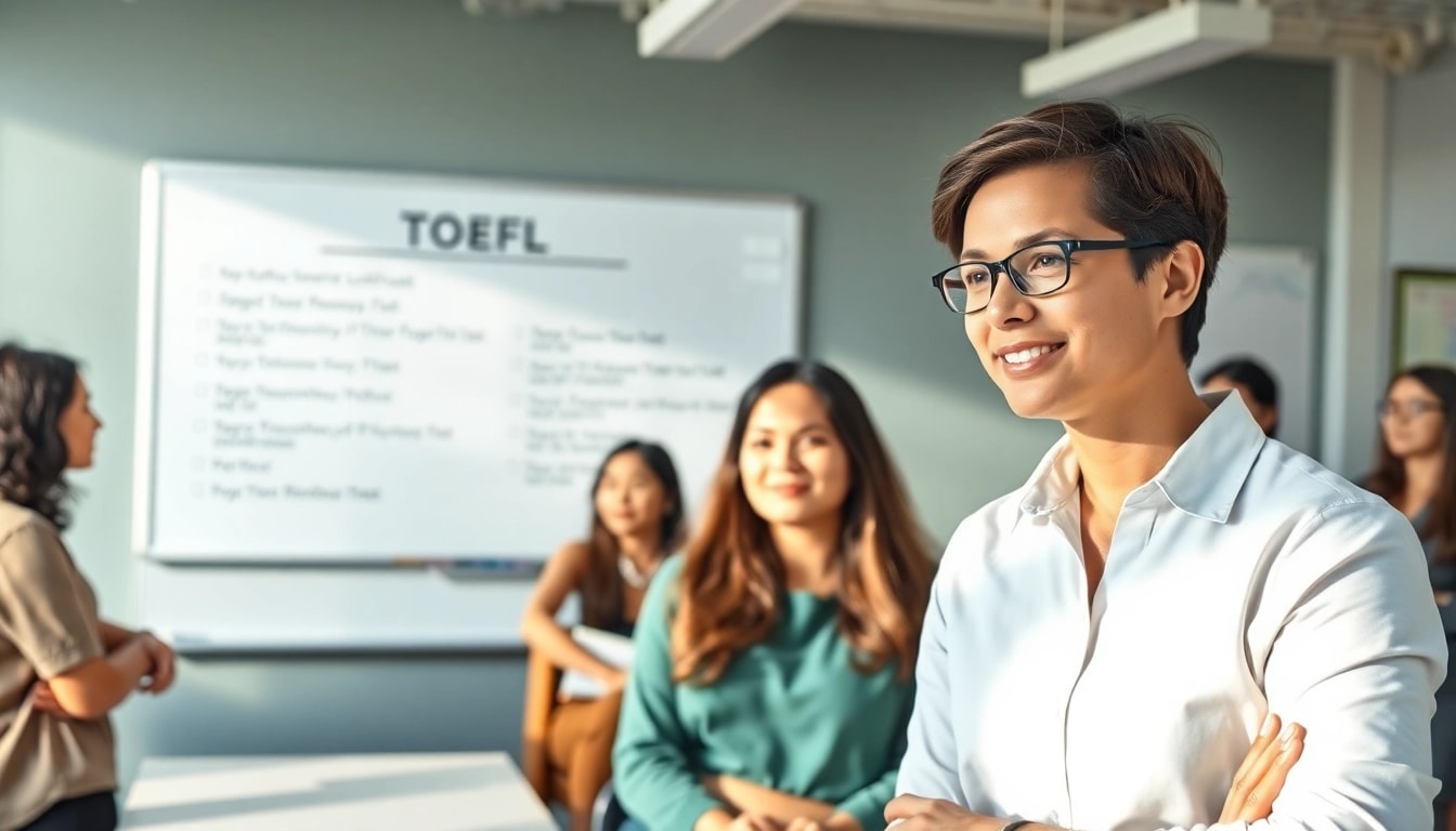 Students receiving toefl expert help from a professional tutor in a bright classroom.