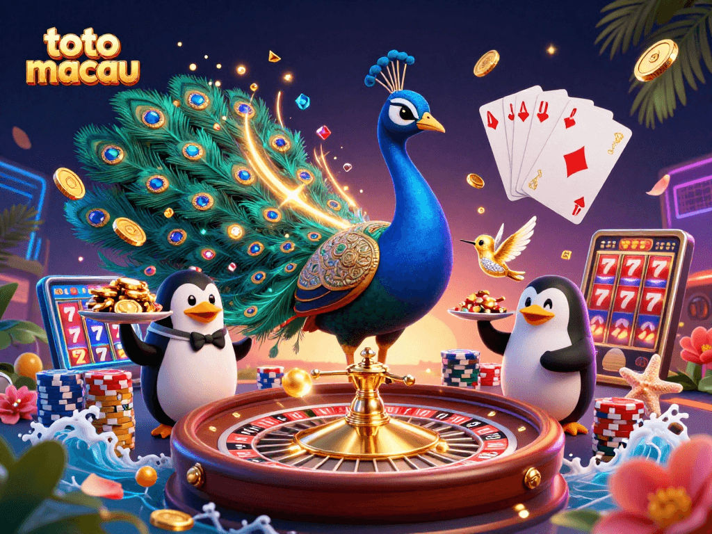 Experience the excitement of toto macau with a vibrant casino scene featuring a peacock, penguin, and hummingbird.