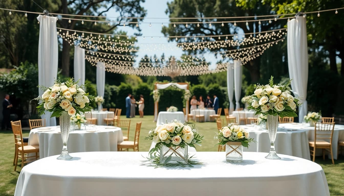 Stunning outdoor wedding setup showcasing beautiful Wedding & Event Rentals with floral decorations.