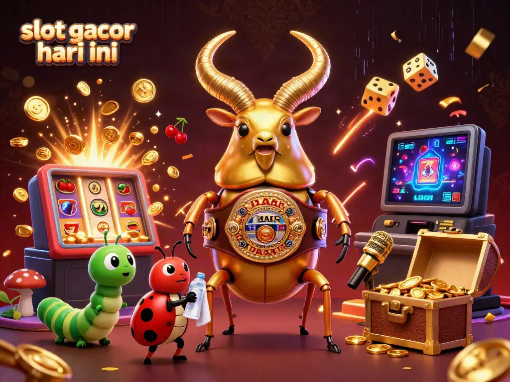 Slot gacor hari ini dengan simbol jackpot dan karakter unik bertarung di panggung mega kasino.
