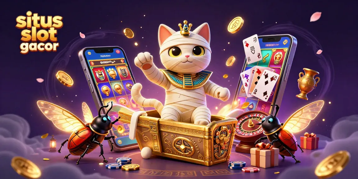 Engage with situs slot gacor through a mystical 3D scene featuring a mummy cat, scarab, and vibrant casino elements.