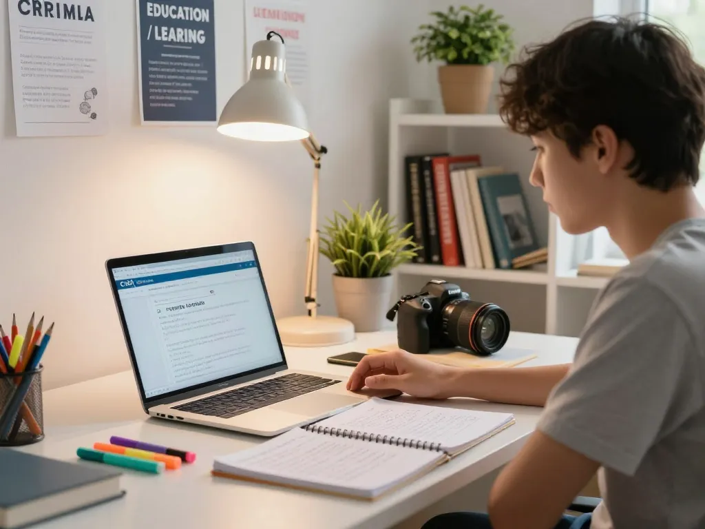 Student studying C168 course online with notes and laptop in bright study space