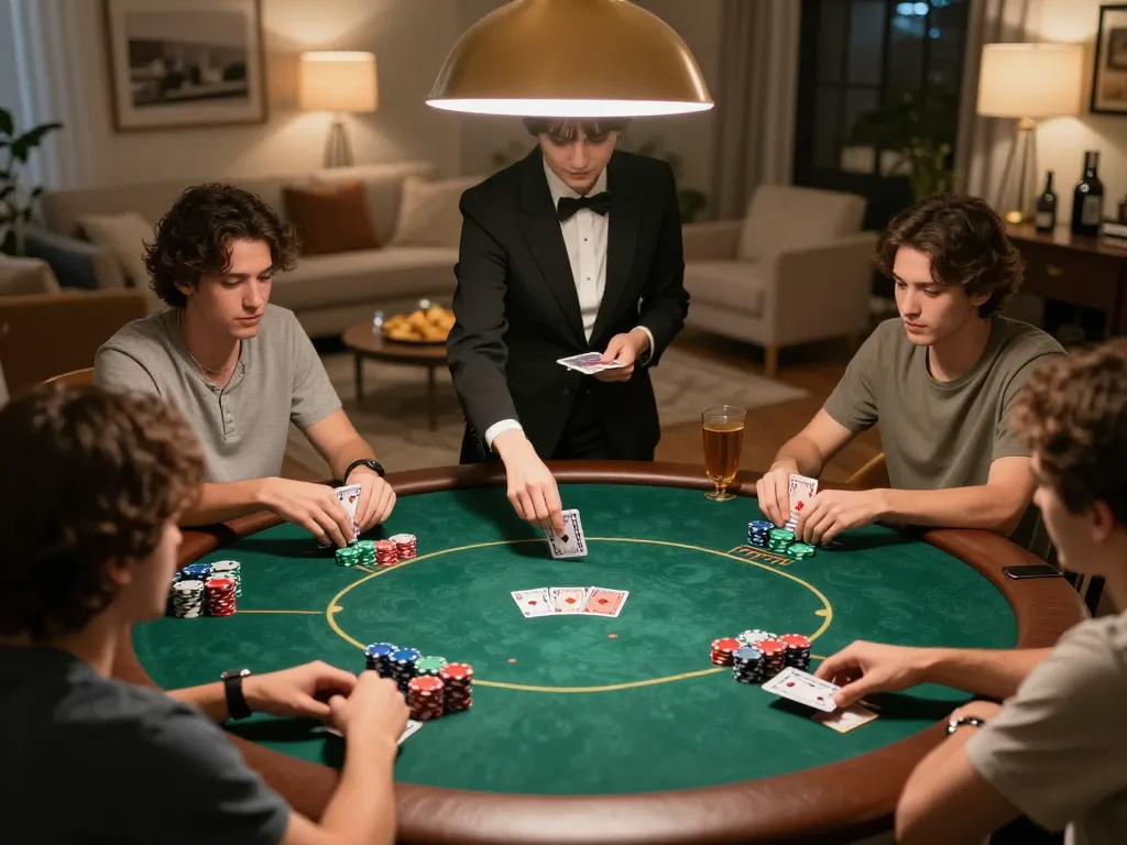 CM88 players strategizing in an exciting home poker night atmosphere with colorful chips.