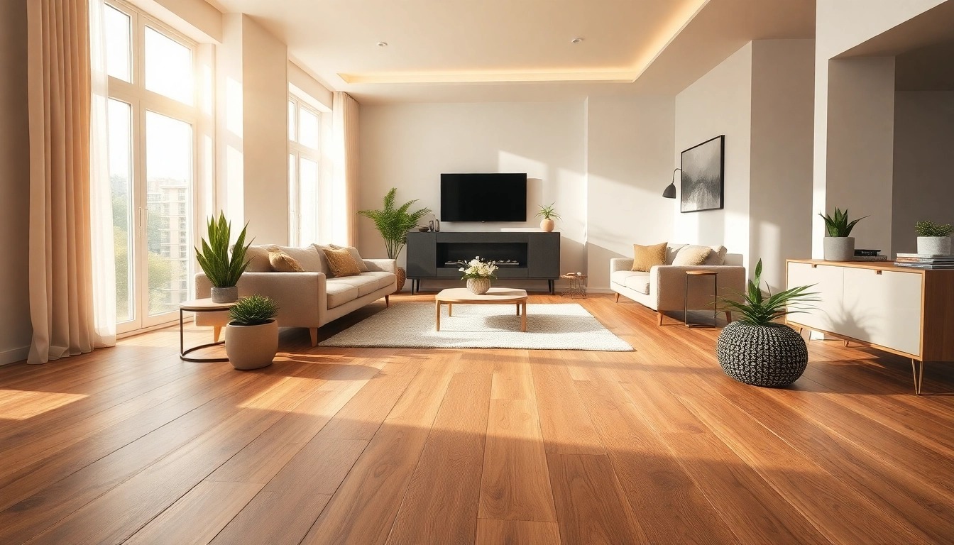 Install luxury vinyl flooring in a modern living room showcasing its elegance and seamless design.