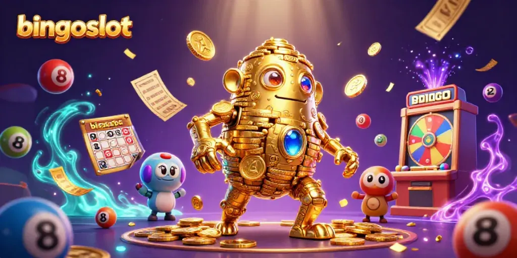 Permainan bingoslot yang menarik dengan karakter golem emas dan efek lotere yang berwarna-warni.