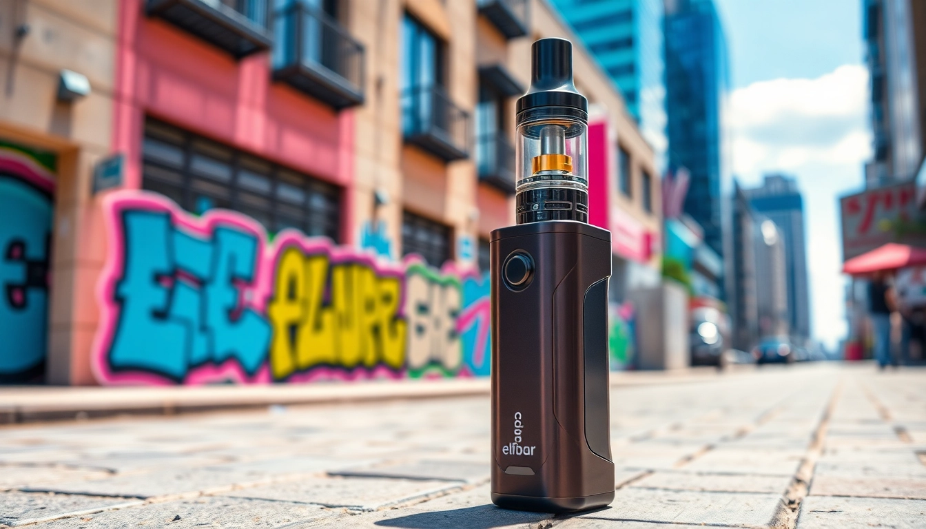 Elfbar Vape in an urban setting, emphasizing modern design and vibrant atmosphere.