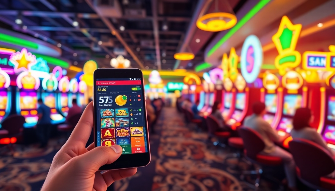 Main screen showing slot depo pulsa gameplay on a smartphone with a lively casino backdrop.