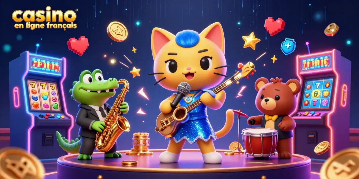 Plonge dans l'univers du casino en ligne français avec une illustration 3D colorée d'une chanteuse jazzy, un crocodile et un ourson dans un décor dynamique.