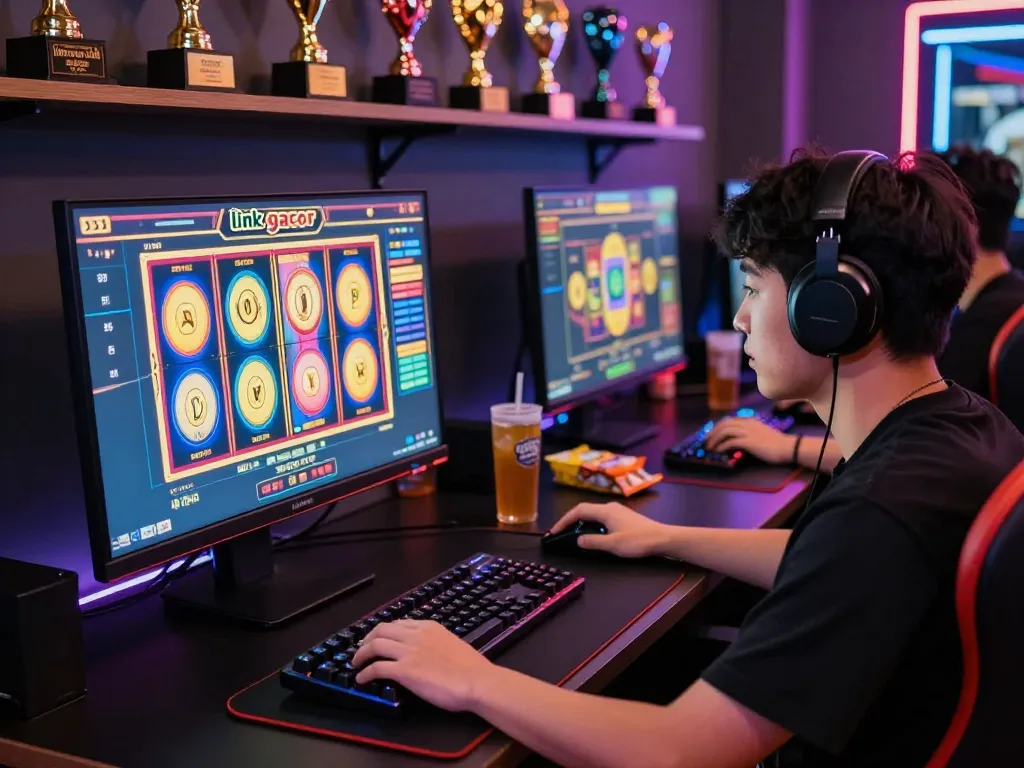 Gamer focused on link gacor slot game, vibrant atmosphere with colorful reels and gaming setup.