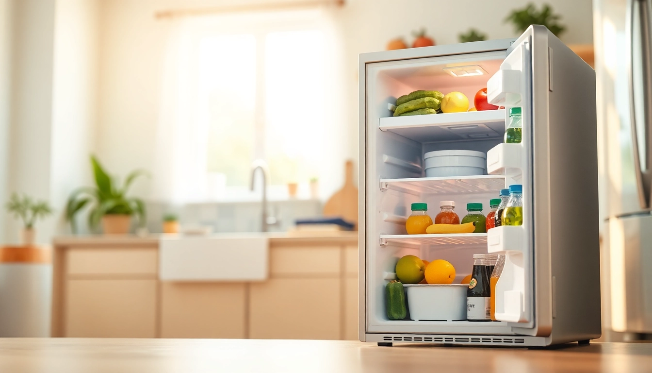 View an affordable mini fridge and freezer filled with fresh produce in a cozy kitchen.