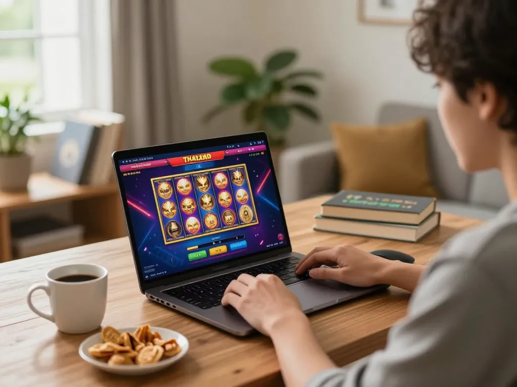 Playing slot thailand online at home with a laptop and snacks, showcasing game dynamics and relaxation