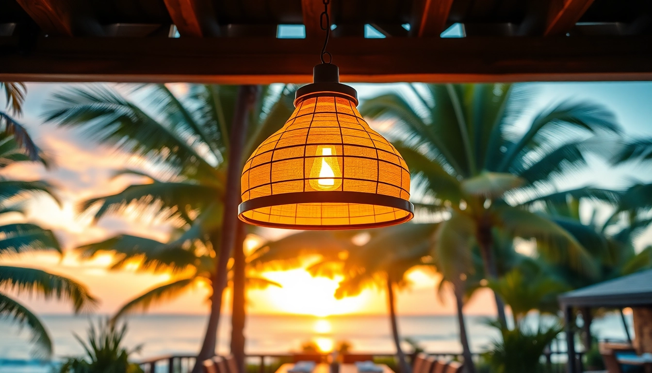 Illuminate your space with a beautiful island light fixture set against a vibrant tropical backdrop.