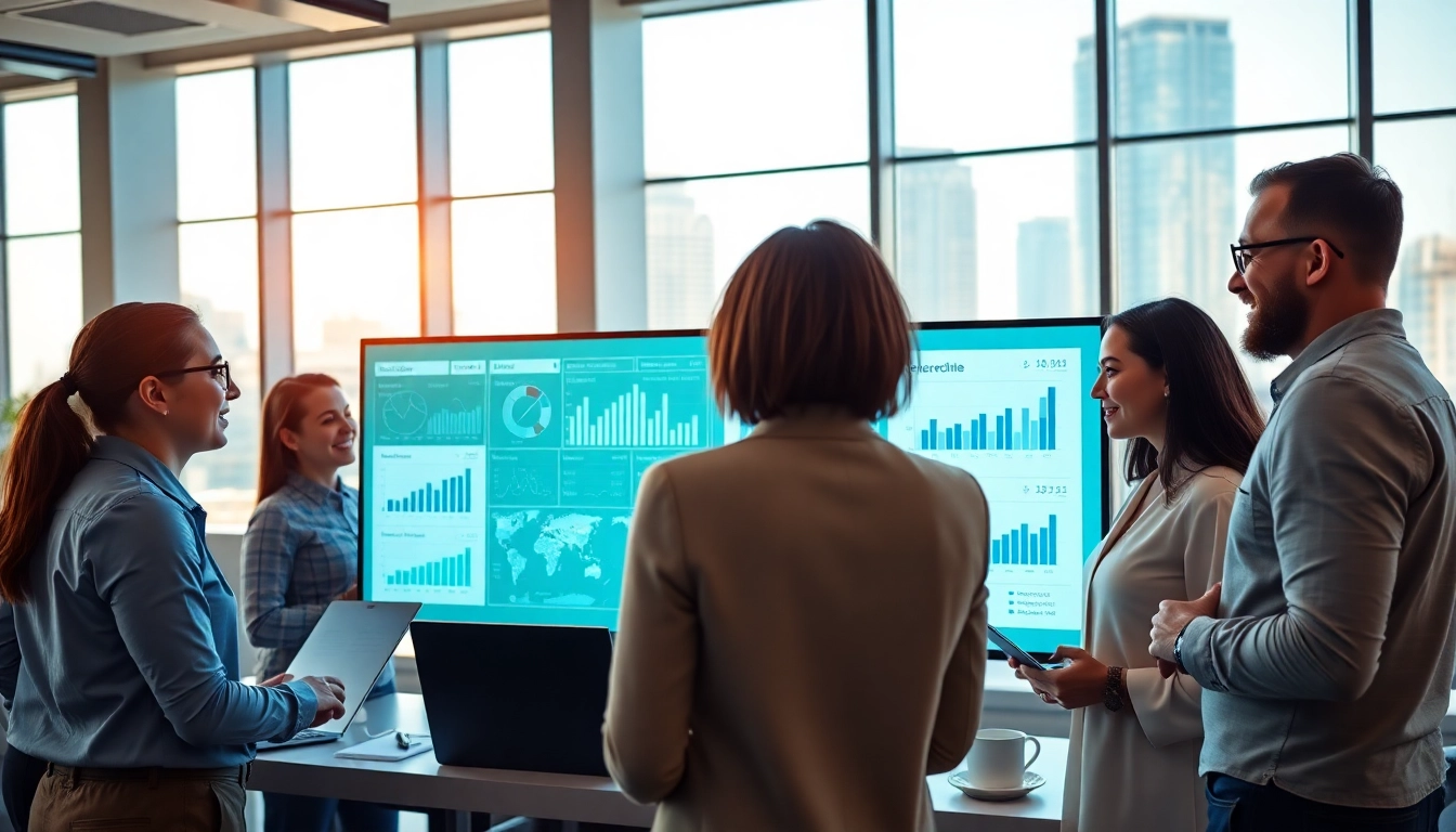 Engaging team analyzing b2b competitive intelligence with digital tools and charts in a modern office.