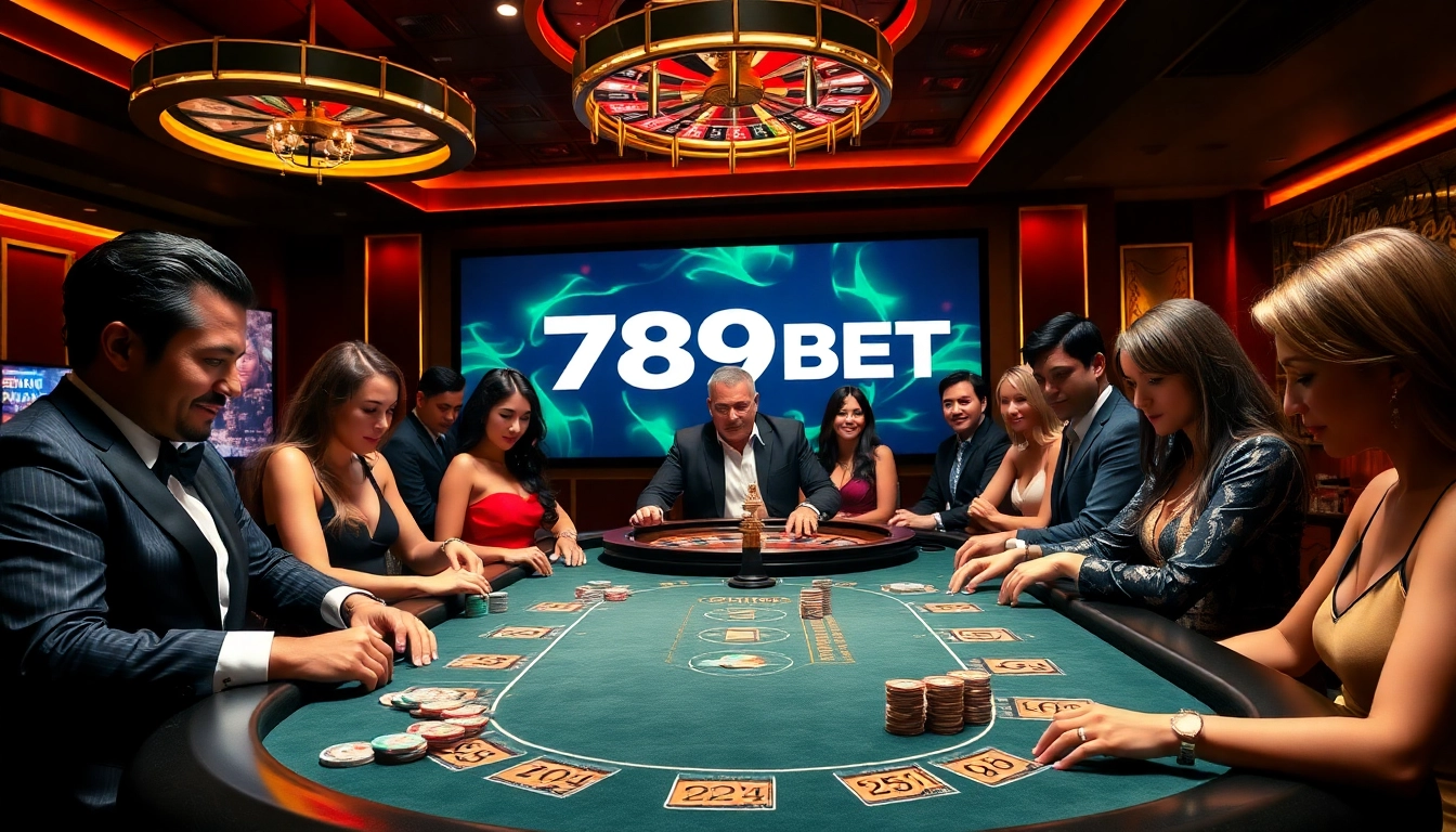 Players engaging in intense poker at a vibrant 789BET casino table with luxury chips and cards.