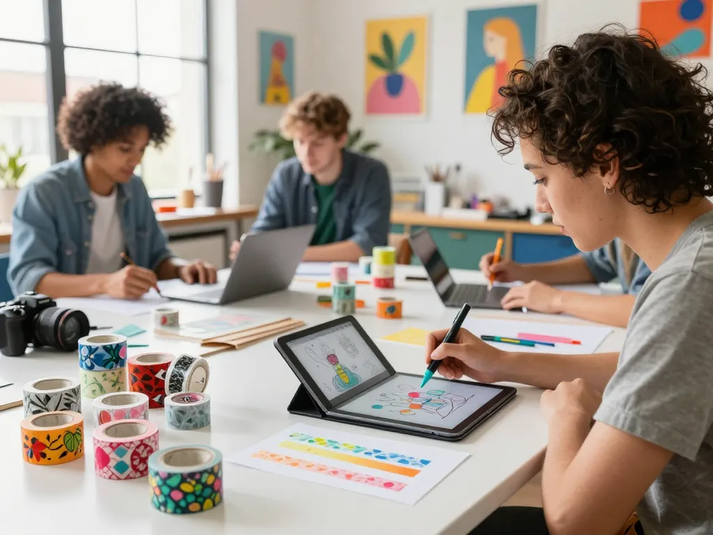Artists designing custom washi tape in a vibrant creative workspace, showcasing colorful patterns and artistic expressions.
