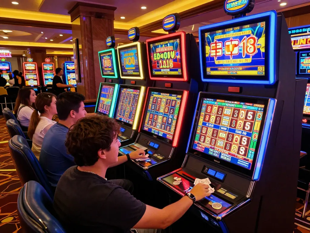 Engaging scene of players interacting with delightful slot machines, emphasizing Link Slot Gacor opportunities.