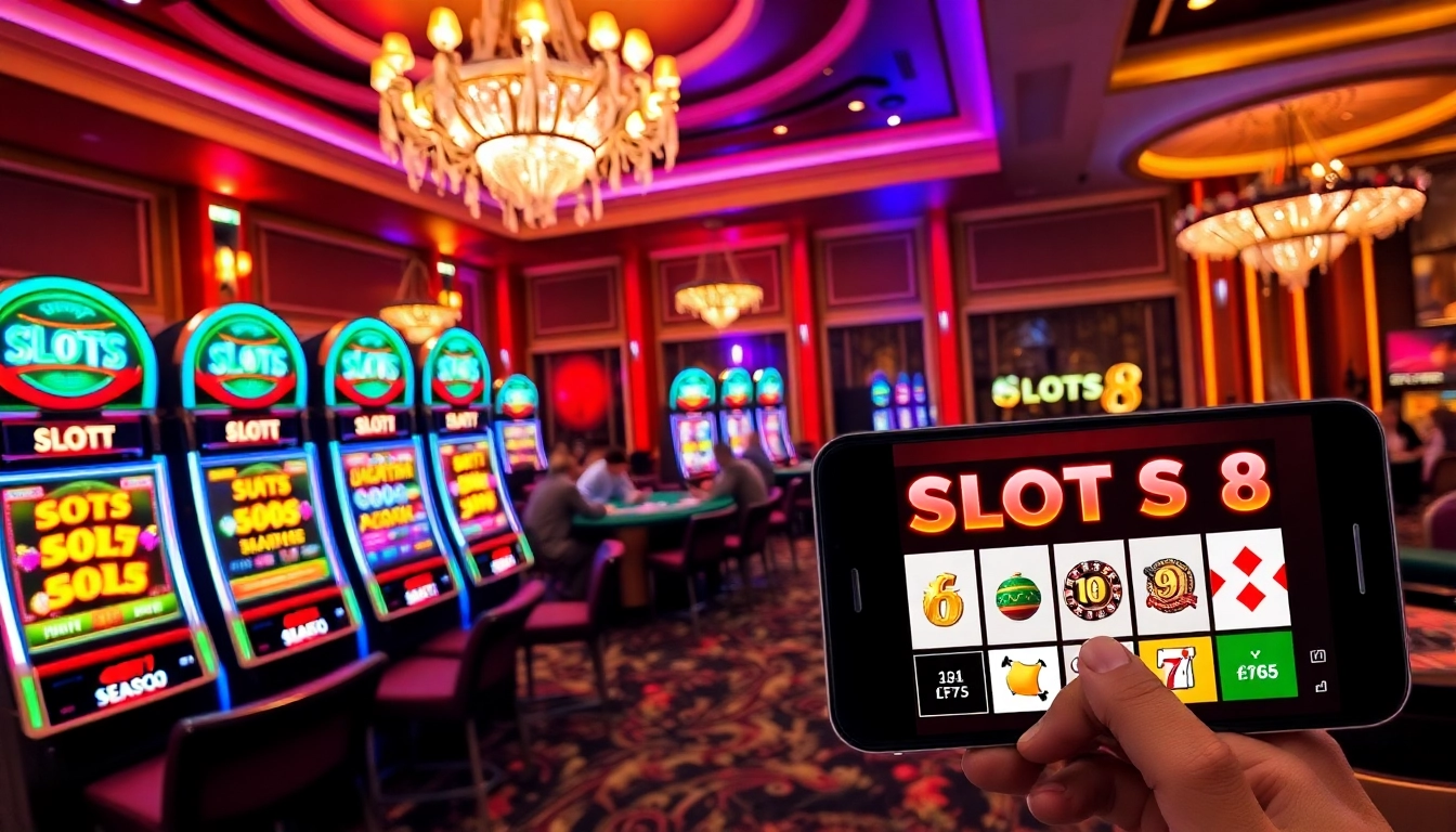 SLOTS8 themed slot machines in a vibrant casino atmosphere with poker chips and cards.