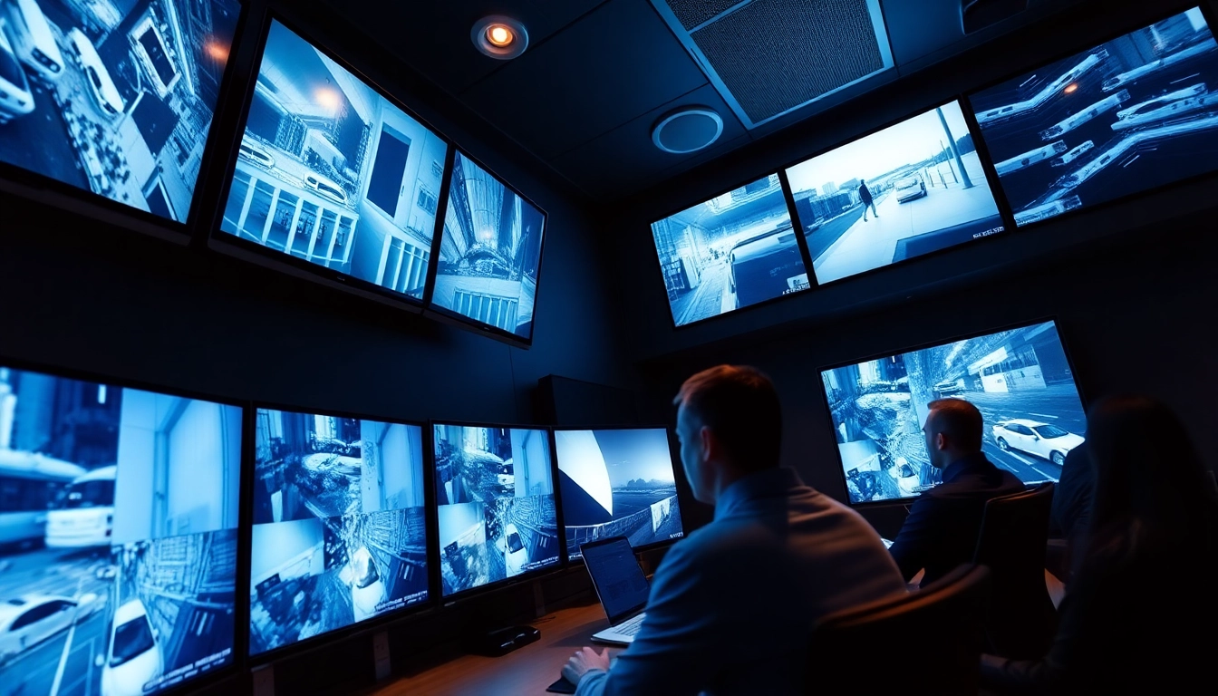 Cámaras Hikvision exhibidas en una moderna sala de control de seguridad con pantallas de monitoreo en vivo.