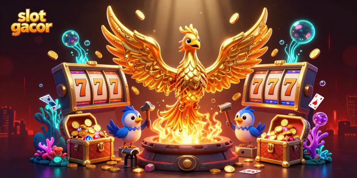 Experience slot gacor excitement with a molten phoenix and dynamic casino elements in this 3D illustration.