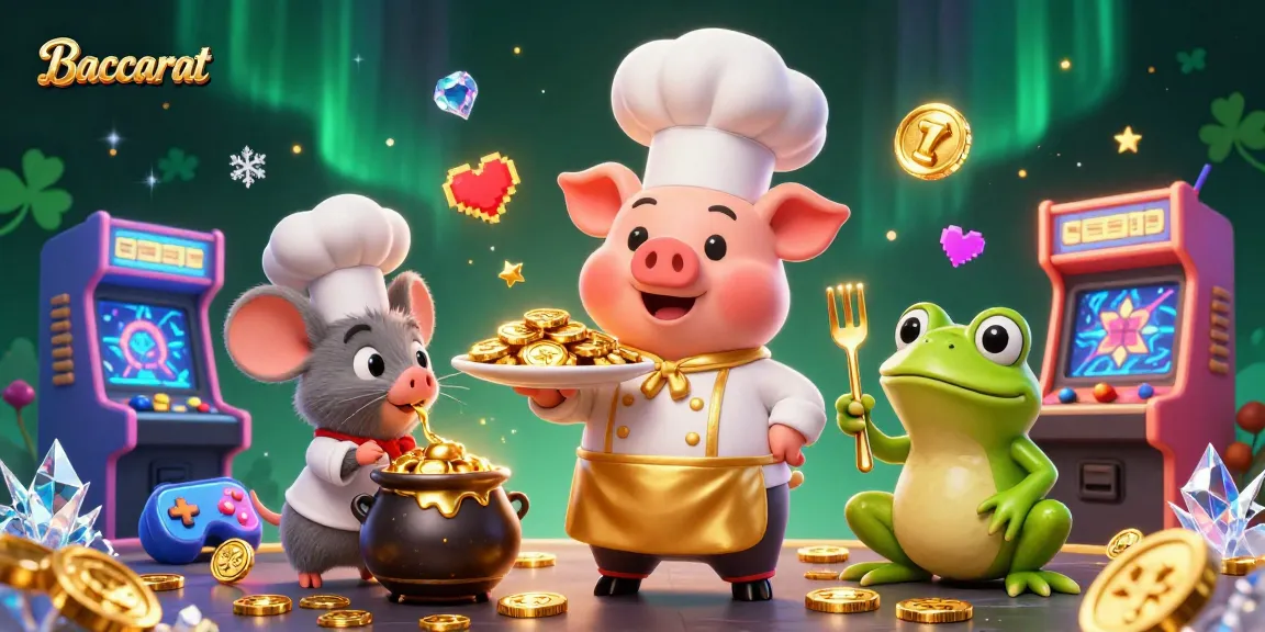 Baccarat game scene featuring cartoon chef pig serving gold coins, surrounded by gaming elements and animated characters.