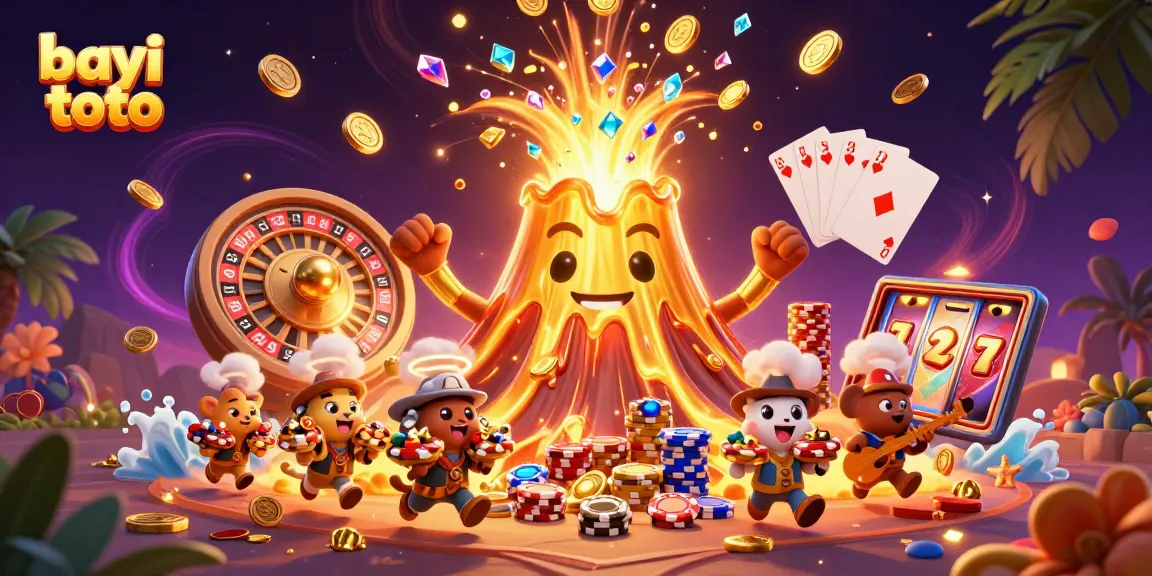 Engage with the thrilling world of bayi toto as a golden volcano erupts in a vibrant casino scene filled with treasure.