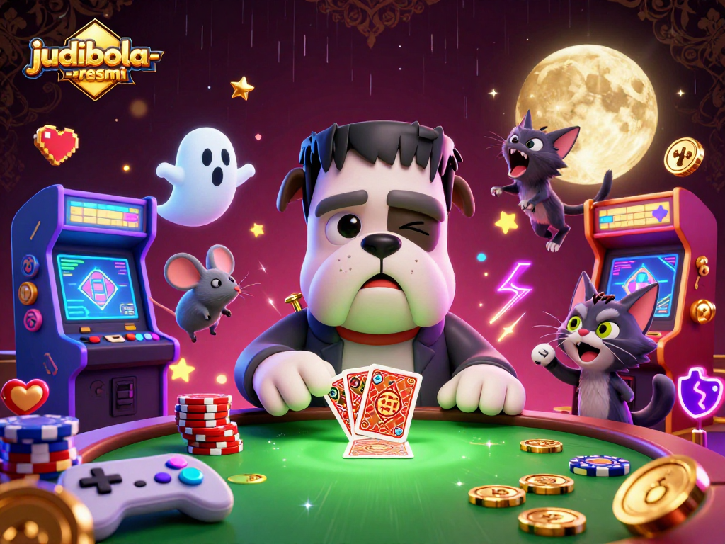 Engage in thrilling gameplay with judibola-resmi, showcasing a lively 3D casino scene with unique characters.