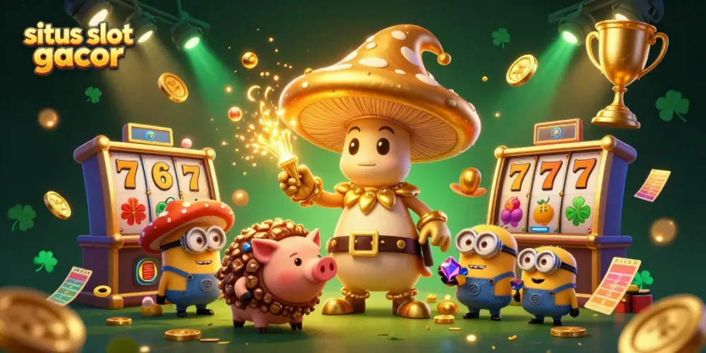 Menghasilkan kemenangan dengan situs slot gacor yang menampilkan penyihir jamur emas dan karakter menarik lainnya.