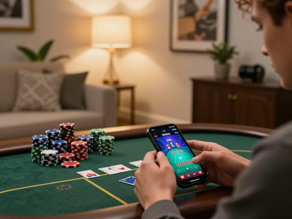 Engaging in mobile gambling with 789winii app on smartphone while enjoying a cozy home atmosphere.