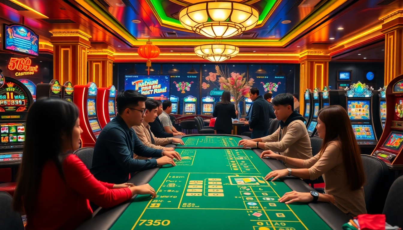 Dynamic scene of gamblers enjoying đá gà 6789 net with vibrant casino elements.