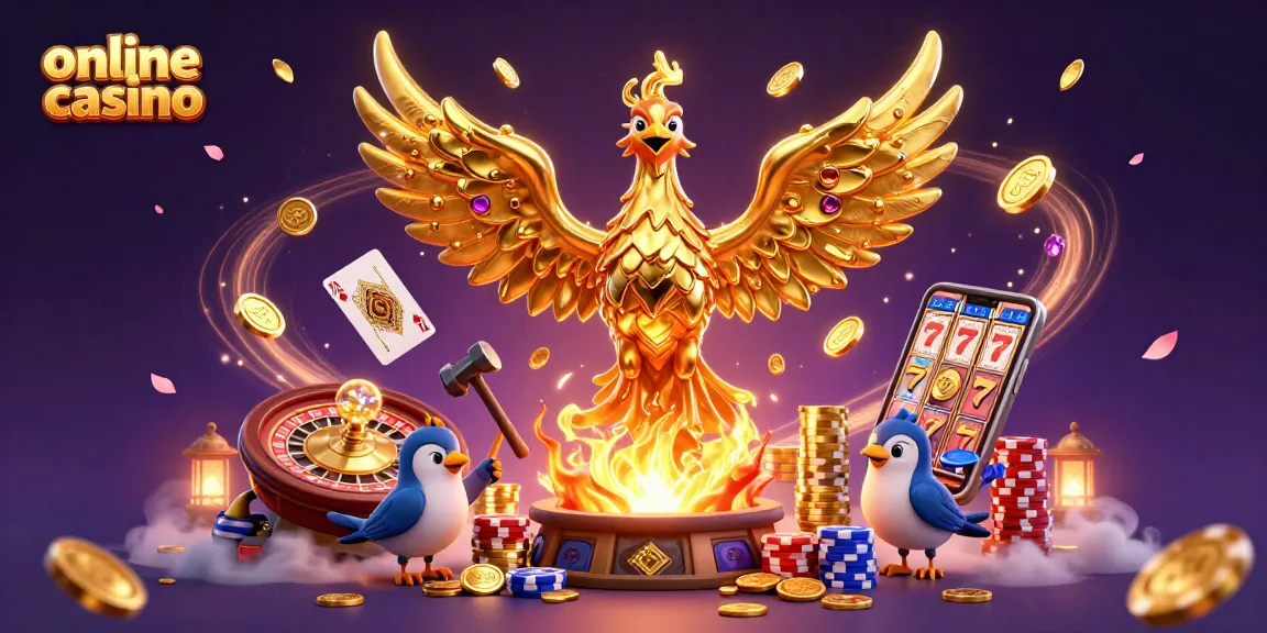 Experience the thrill of an online casino with a molten phoenix and golden coins cascading in a rich 3D scene.
