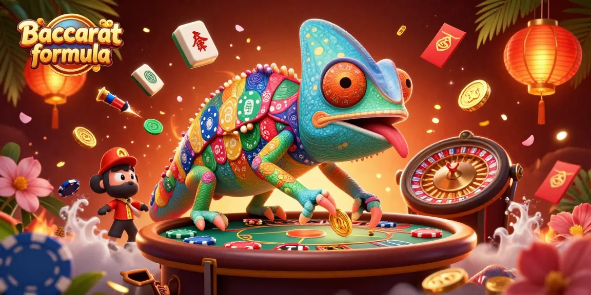 Baccarat formula showcased in a vibrant 3D casino scene with a chameleon casino owner and celebratory elements