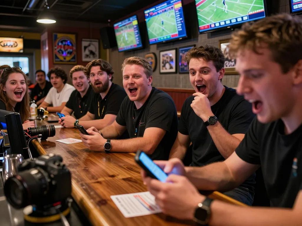 Engaging in F168 sports betting action with patrons cheering and using smartphones at a vibrant sports bar.