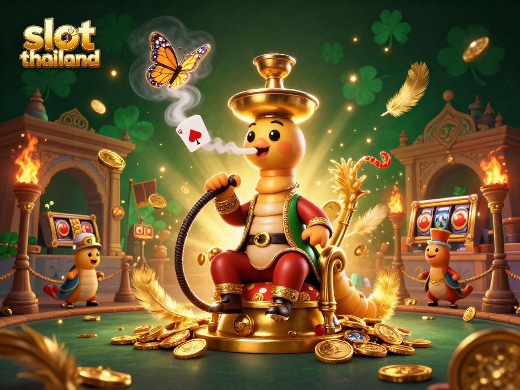 Immerse in the excitement of slot thailand with a vibrant 3D illustration of a caterpillar hookah-master amidst gambling symbols.