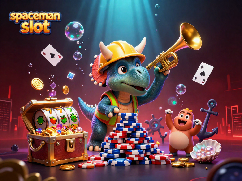 Experience the thrill of the spaceman slot with vibrant characters building poker chip pyramids amidst underwater treasures.