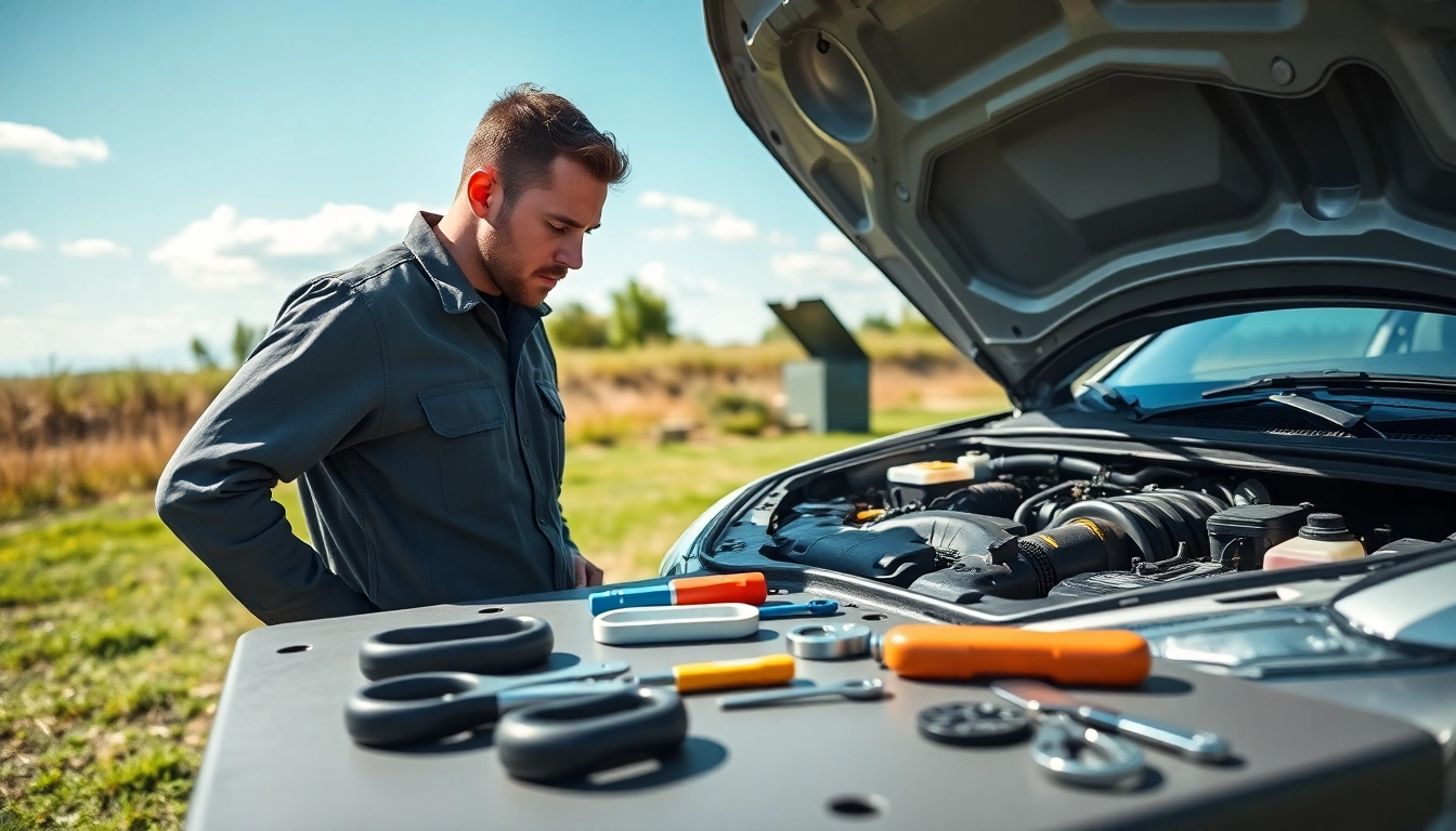 A mechanic engaged in mobile car repair service, showcasing tools and open engine in a sunny outdoor setting.