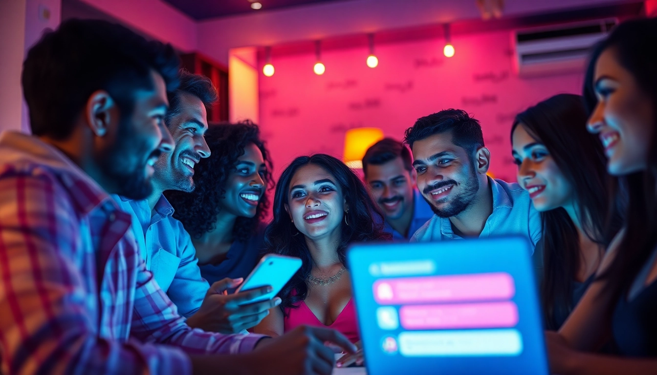 Engaging scene of diverse individuals in an online sex chat environment, showcasing animated conversations.