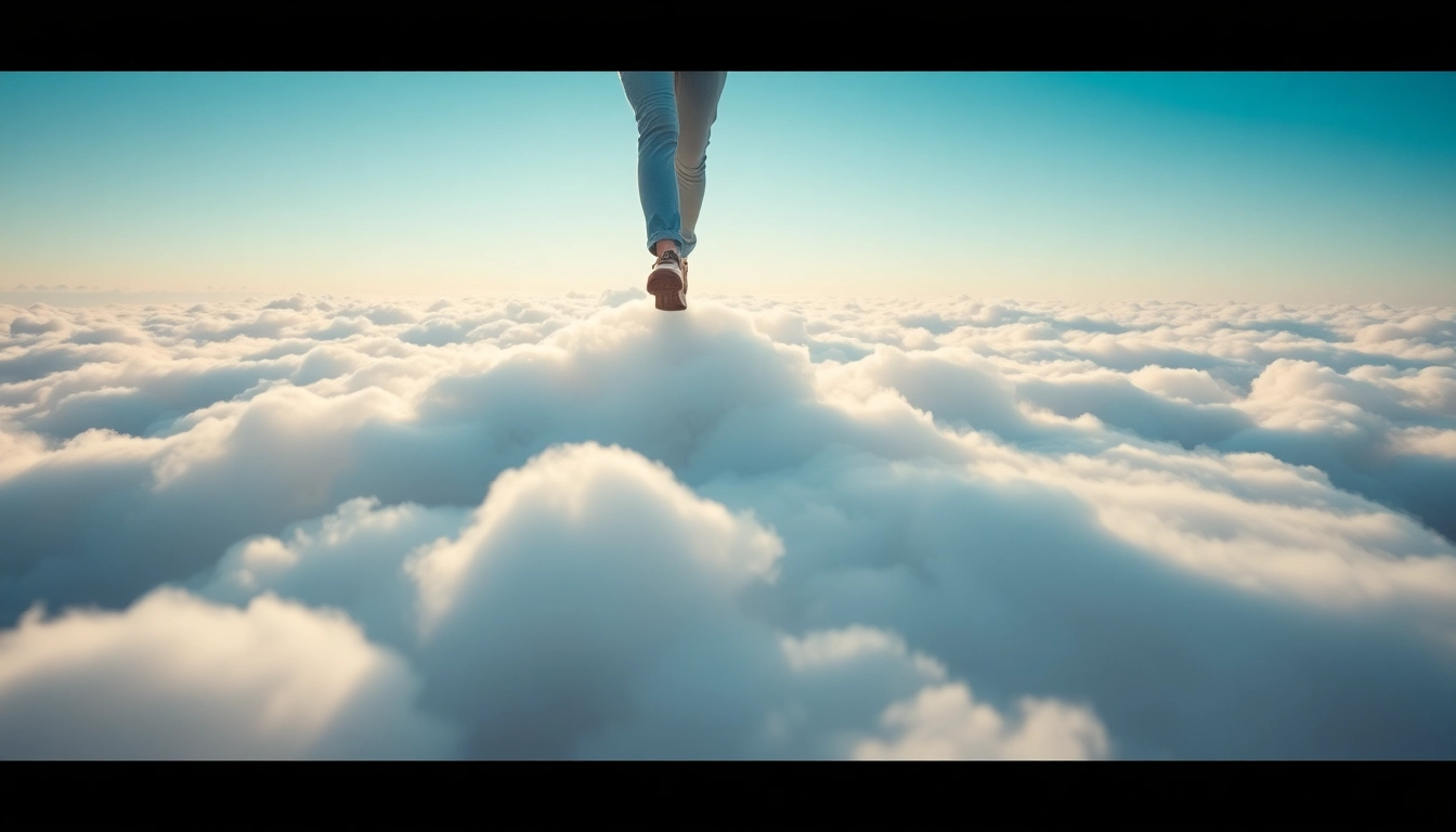 A person walking on clouds enjoys a dreamy experience in a bright sky.
