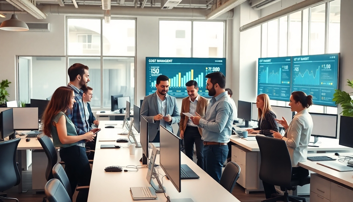 Implementing Cost-Effective IT Management strategies by a diverse team in a modern workspace.