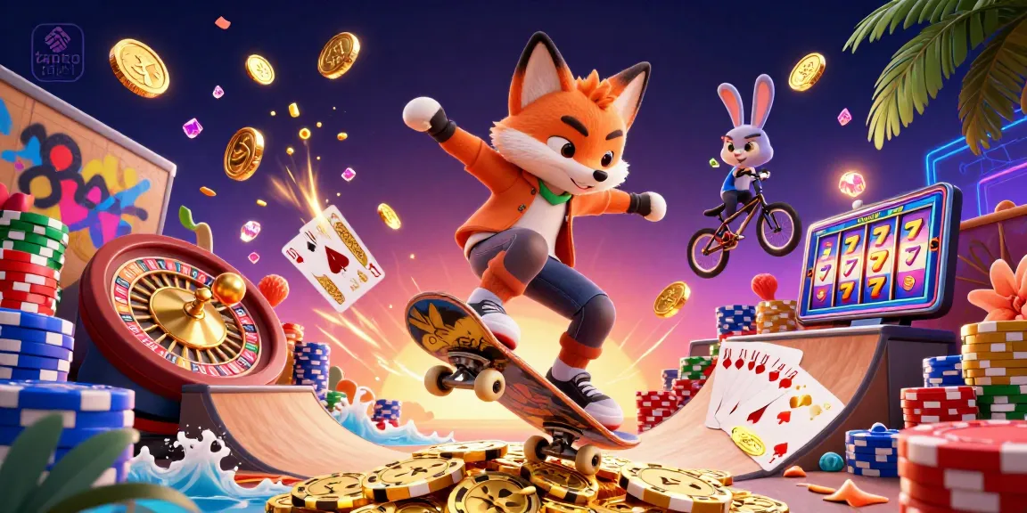 Experience thrilling action with the toto slot scene featuring a skateboarder fox and BMX rabbit amid cascading winnings and gaming graphics.