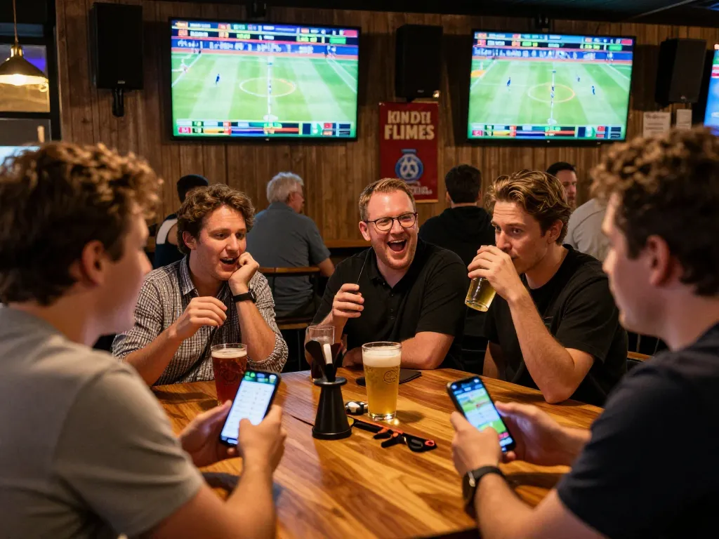 Sports fans engaging in live betting at tg88 while watching the game, excitement in a vibrant bar atmosphere.