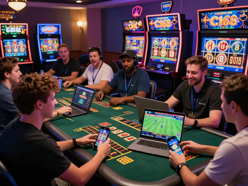 C168 online gambling platform with diverse players engaging in sports betting and live casino games, vibrant atmosphere.