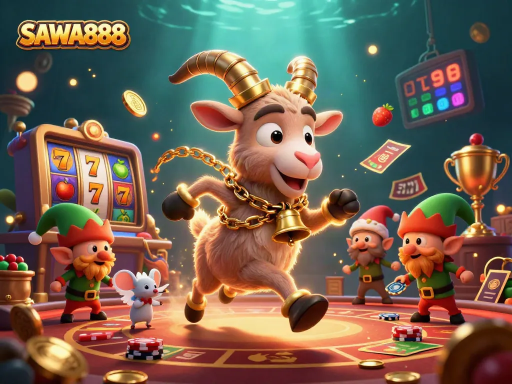 SAWA888 brings excitement to players with a lively 3D casino illustration featuring festive characters.