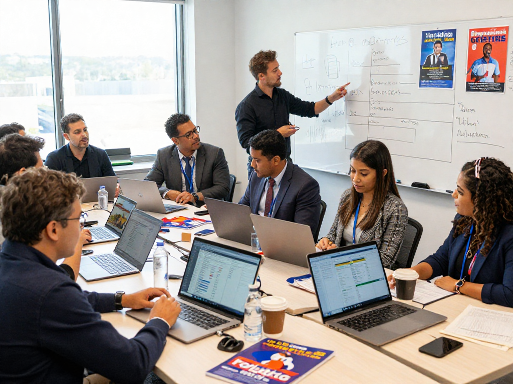 Engaging workspace of a political facebook ads agency with diverse team strategizing for successful campaigns