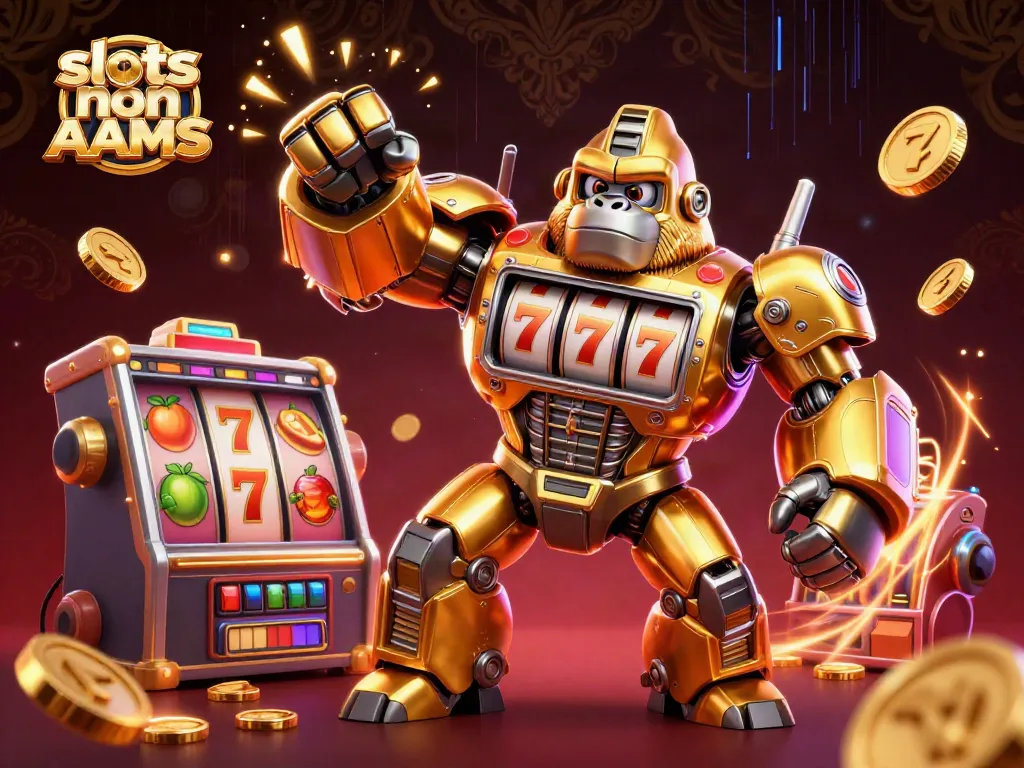 Scopri le slot non AAMS mentre un gorilla mech d'oro esplode di simboli e monete in un casinò virtuale.