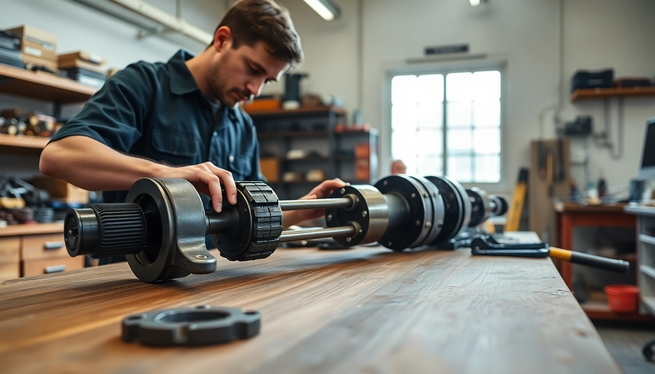 Technician conducting hydraulic cylinder repair in a bright workshop, highlighting expertise and detail.