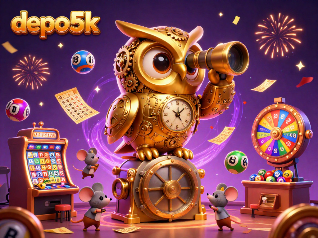Experience the thrill of depo 5k with a vibrant, animated 3D casino scene showcasing bustling slot machines and delightful characters.