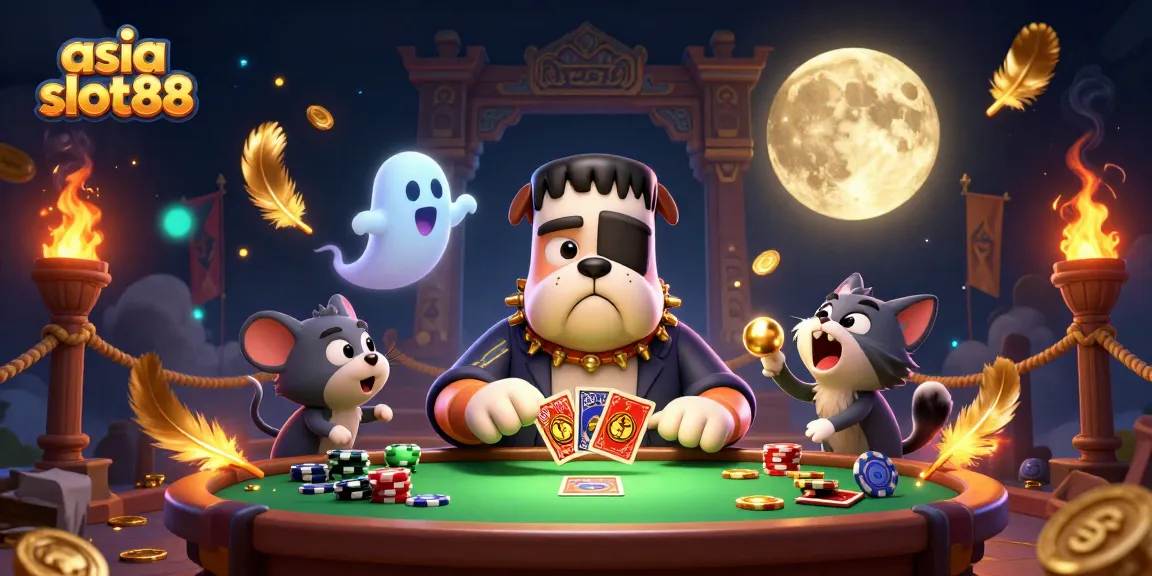 asia slot88 menampilkan karakter kasino unik yang bermain kartu di meja menyeramkan, dengan efek visual yang menarik.