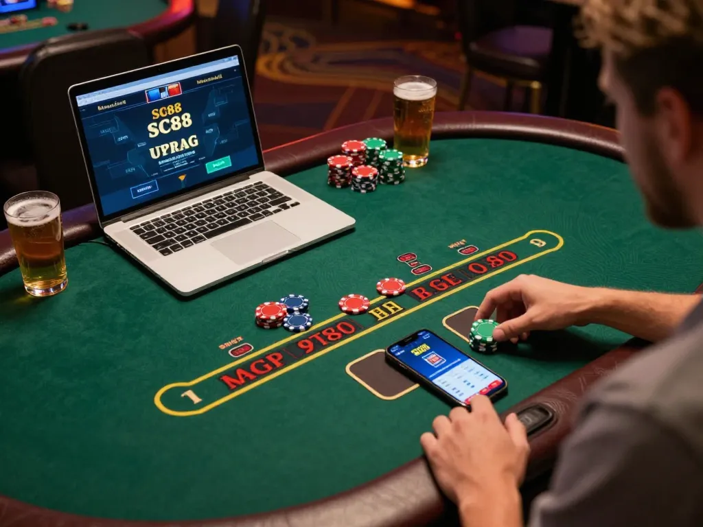 Player engaging in SC88 online casino blackjack with vibrant laptop interface and poker chips.